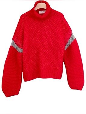 Vintage Y2K Italian Hand-Knitted Chunky Mock Neck Sweater – Red & Gunmetal
